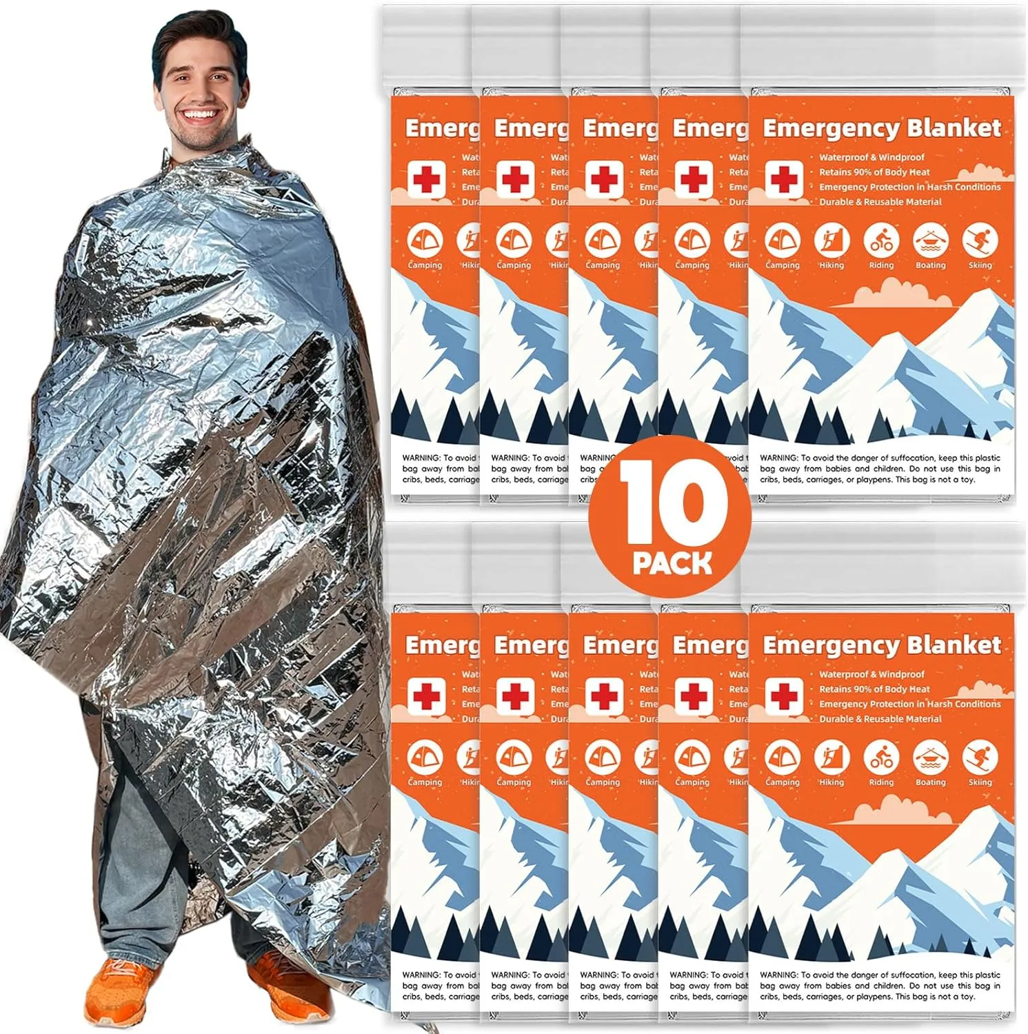10 Pack Emergency Thermal Blanket Survival, Mylar Blankets for Outdoor, Space Blanket, Silver Foil for Survival, Survival Kit Camping Blankets, Body Warmer, First Aid, Hiking 84 x 52