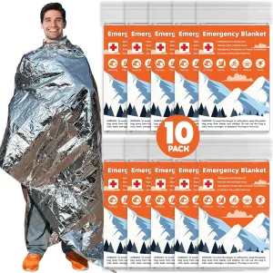 10 Pack Emergency Thermal Blanket Survival, Mylar Blankets for Outdoor, Space Blanket, Silver Foil for Survival, Survival Kit Camping Blankets, Body Warmer, First Aid, Hiking 84 x 52