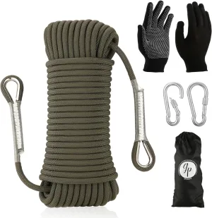 10.5mm Climbing Rope for Adults | Polyester Rappelling Rope - 98ft Static Climbing Rope with 2 Steel Hooks - Safety Rescue Rope with Non-Slip Gloves - Outdoor Rock Climbing Rope for Hiking Safety