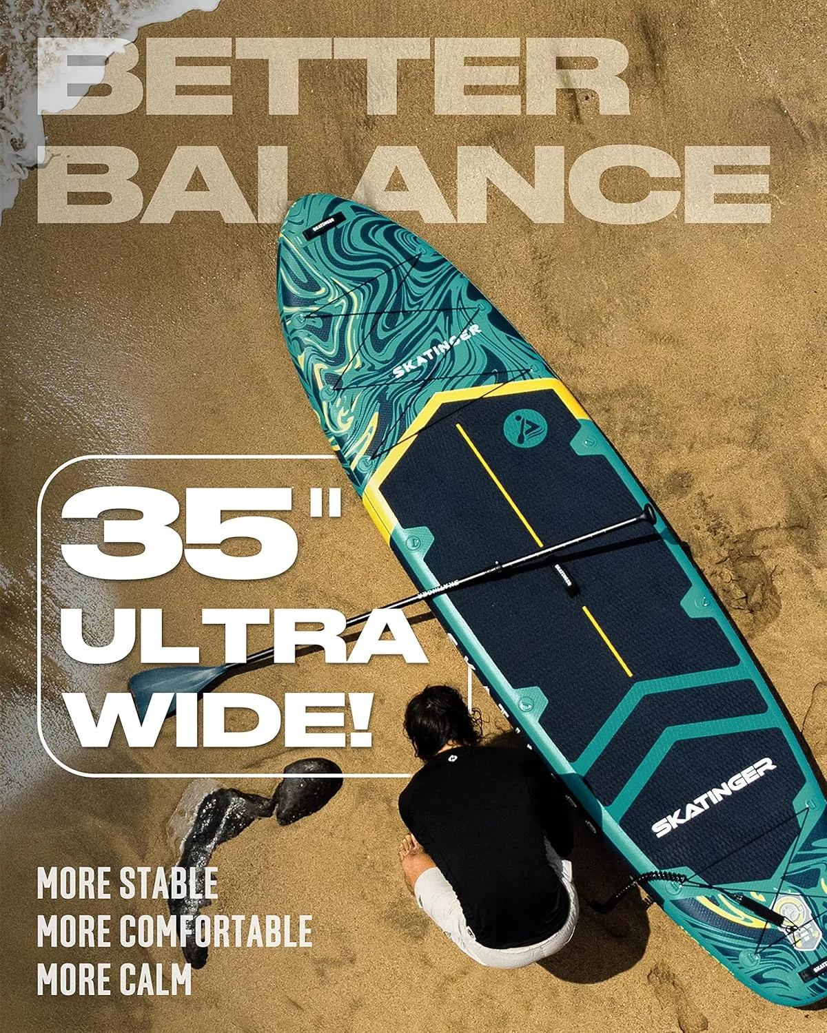11'635" Super Wide Inflatable Paddle Board, Ultra Stable Stand Up Paddleboards for 450lb/3 People/Family/Big Size w/Shoulder Strap, 100L Backpack, All-Round Sup Board, US Fin