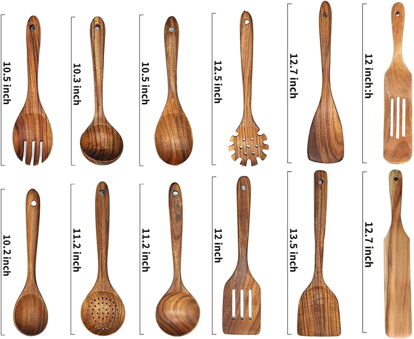 12 Pack Wooden Spoons for Cooking - Natural Teak Kitchen Utensils Set With Spatulas