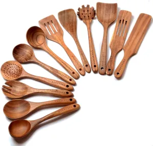 12 Pack Wooden Spoons for Cooking - Natural Teak Kitchen Utensils Set With Spatulas