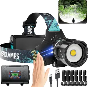 1900 Lumens Super Bright Headlamp, Rechargeable LED Head Lamp, 90 Hour Battery Standby Head Light with 9 Modes, IPX7 Waterproof Zoom Headlamps, 125 Adjustable Headlight for Camping, Adults