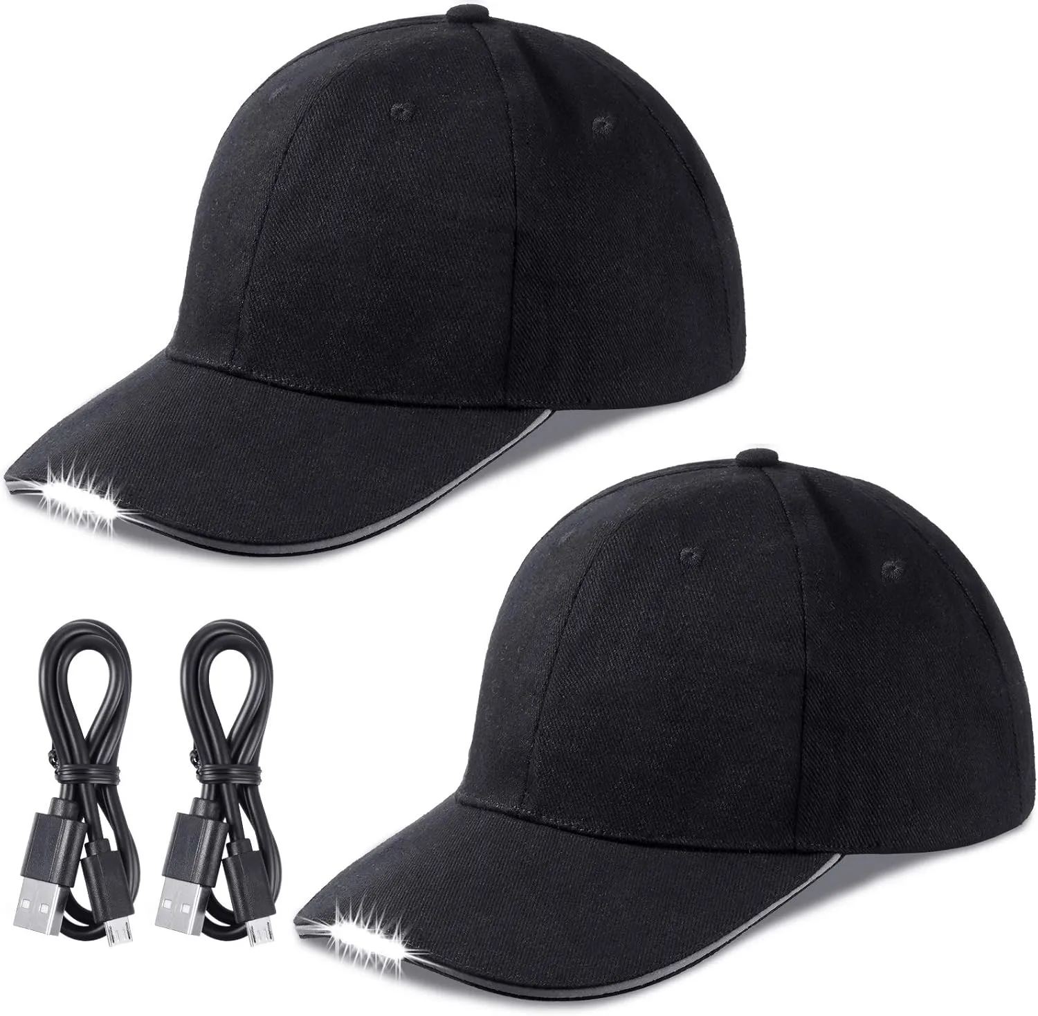 2 Pieces Baseball Cap with Light Hands Free LED Baseball Cap 5 LED Battery Powered Headlamp Hat Flashlight Hat for Fishing Jogging Camping Hand Work