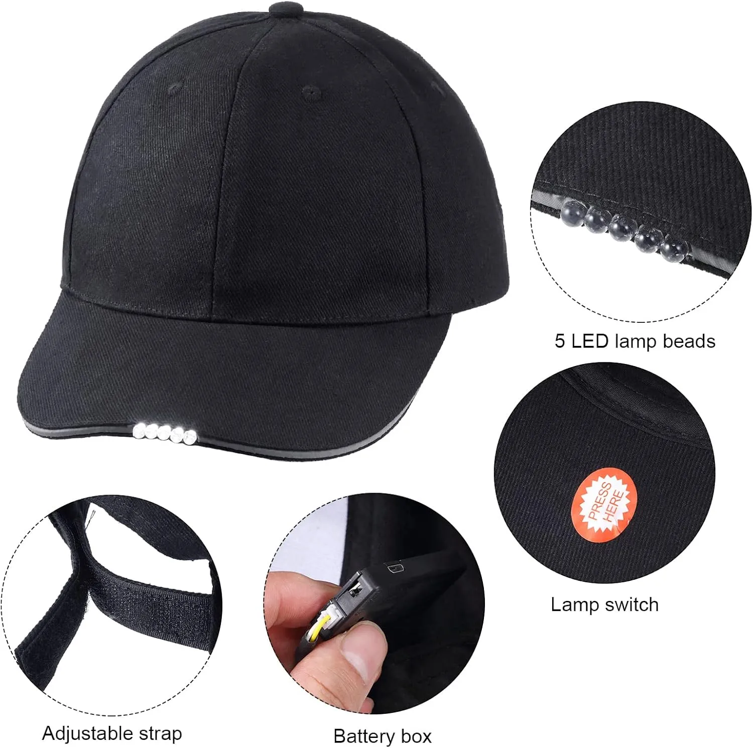 2 Pieces Baseball Cap with Light Hands Free LED Baseball Cap 5 LED Battery Powered Headlamp Hat Flashlight Hat for Fishing Jogging Camping Hand Work