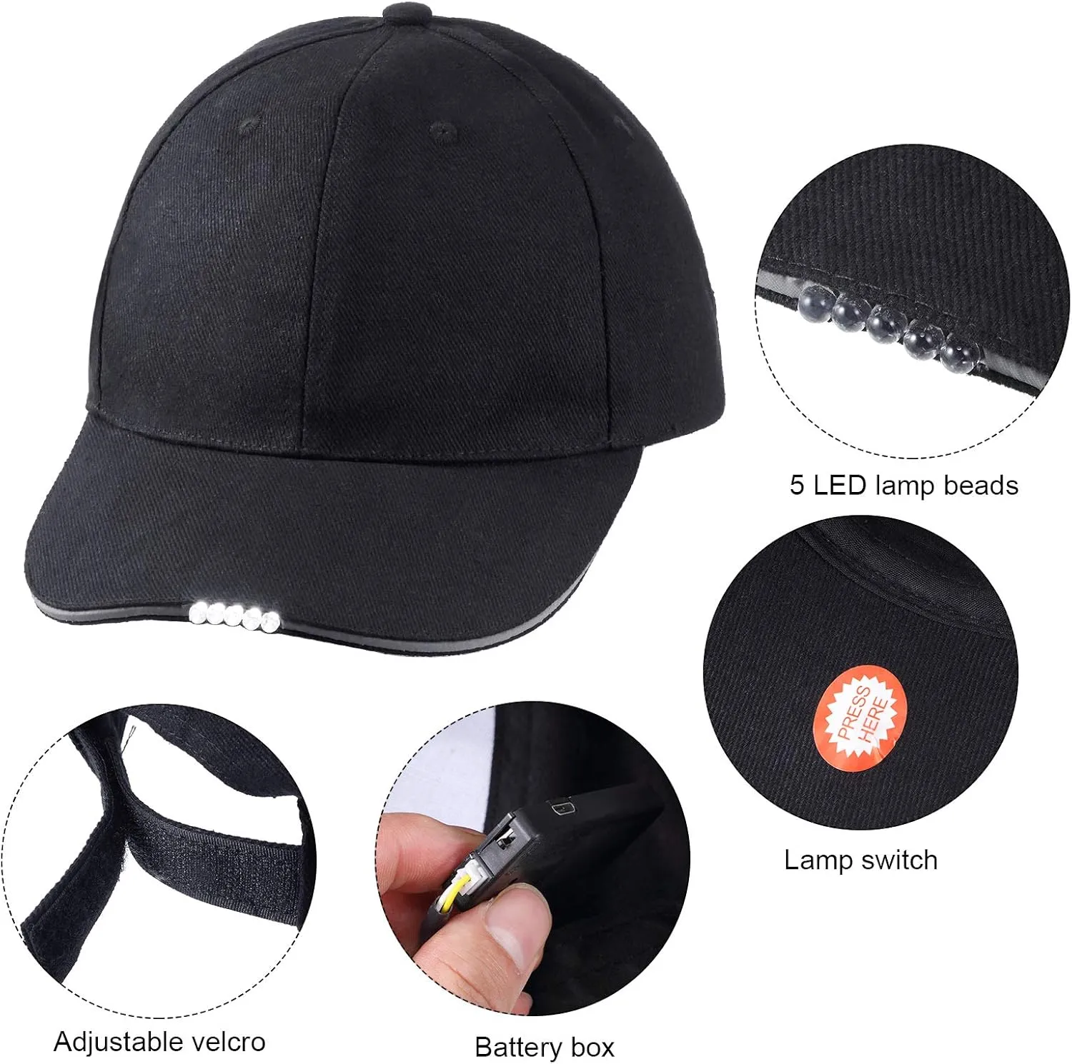 2 Pieces Baseball Cap with Light Hands Free LED Baseball Cap 5 LED Battery Powered Headlamp Hat Flashlight Hat for Fishing Jogging Camping Hand Work