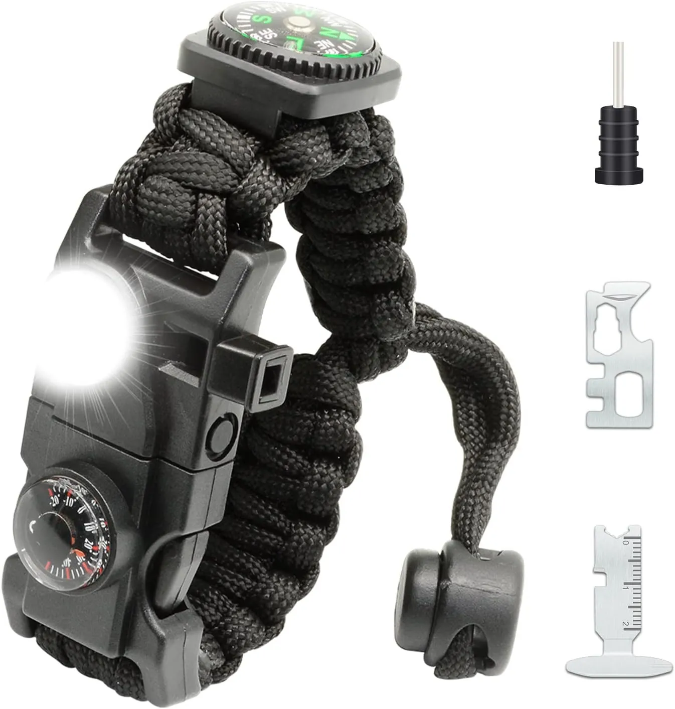 20 in 1 Survival Paracord Bracelet Adjustable Gear Kit with SOS LED Light, Fire Starter, Bigger Compass, Survival Whistle, Perfect for Camping, Hiking, Fishing