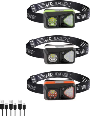 3 Pack Rechargeable Headlamp, LED Head Lamp with White Red Light, Super Bright USB-C Head Lamps Motion Sensor HeadLamps for Adults 11 Light Mode Outdoor Camping Running Hiking Fishing