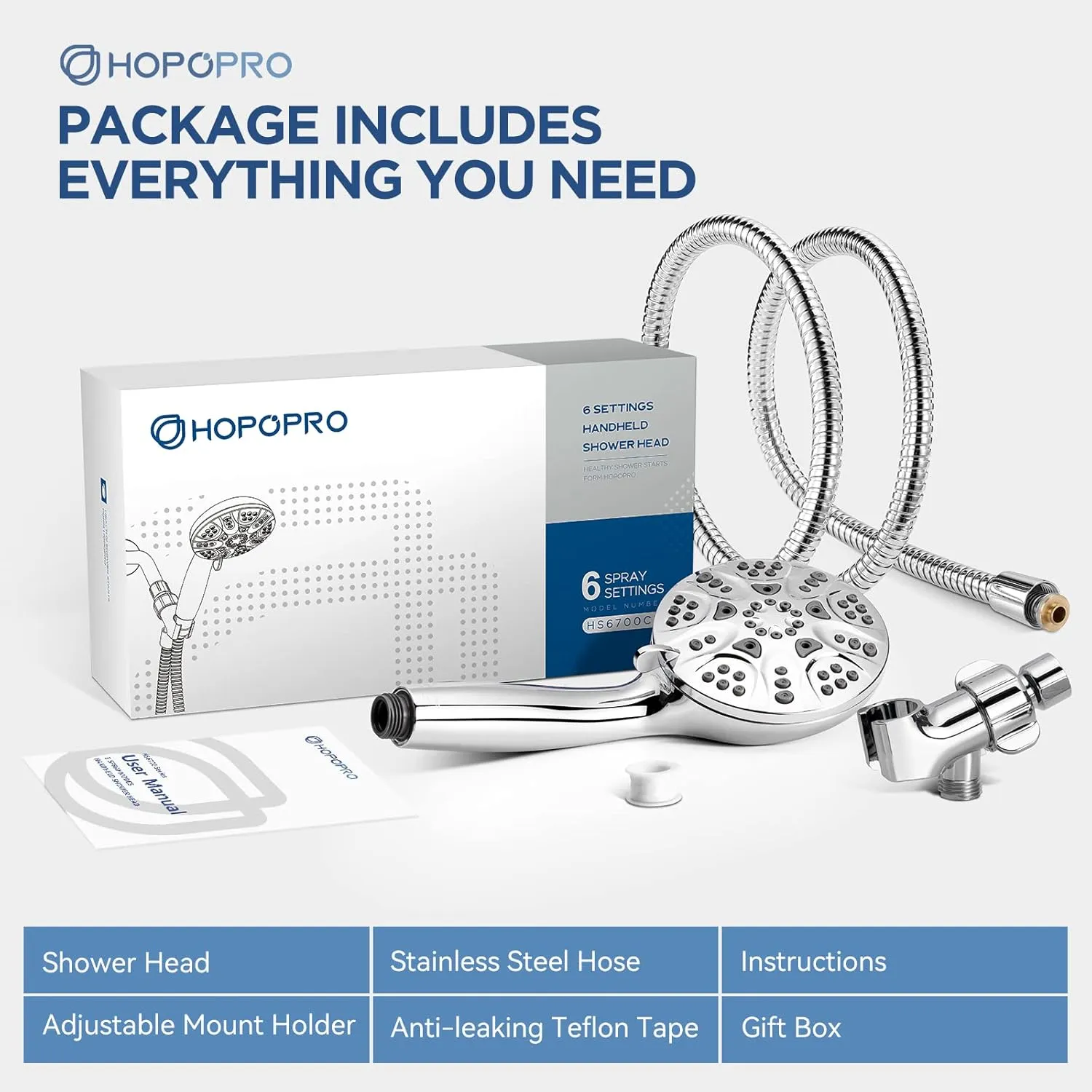 6-Mode High Pressure Handheld Shower Head Set, Consumer Reports Recommended HOPOPRO High Flow Hand Held Showerhead with 59 Inch Hose Bracket Teflon Tape Rubber Washers