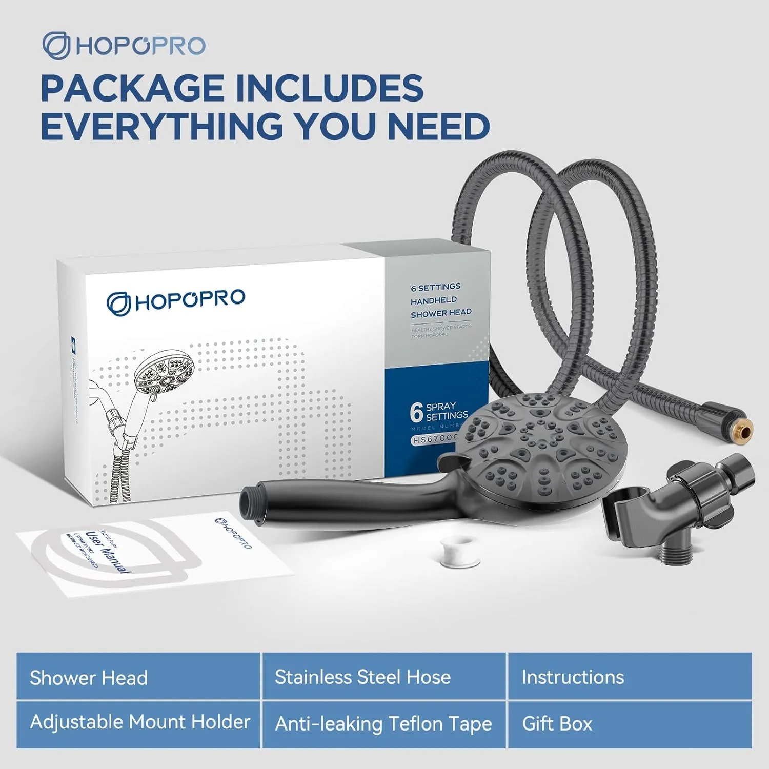 6-Mode High Pressure Handheld Shower Head Set, Consumer Reports Recommended HOPOPRO High Flow Hand Held Showerhead with 59 Inch Hose Bracket Teflon Tape Rubber Washers