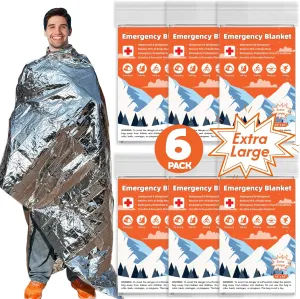 6 Pack Emergency Thermal Blanket Survival, 84 x 64 Extra Large Mylar Blankets for Outdoor, Space Blanket, Silver Foil for Survival, Survival Kit Camping Blankets, Body Warmer, Hiking