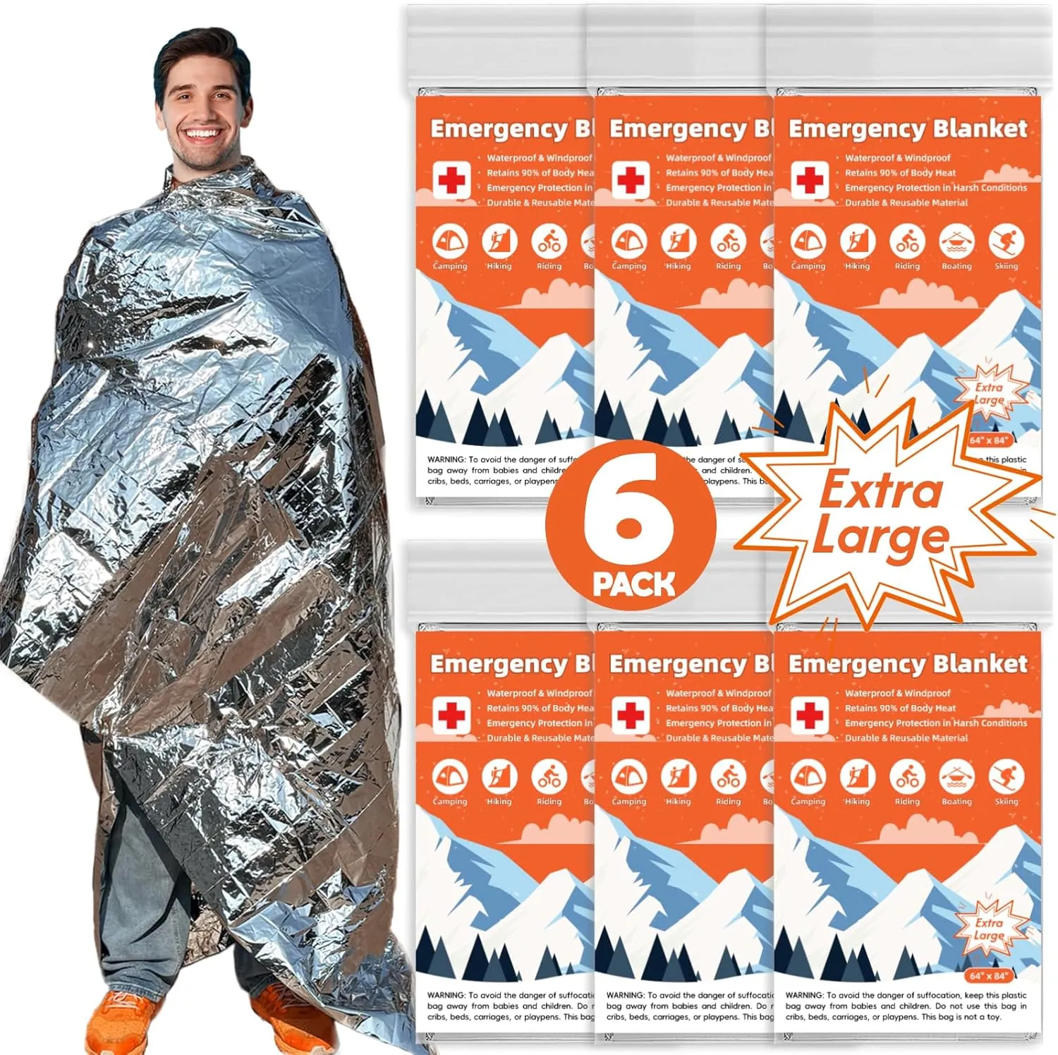 6 Pack Emergency Thermal Blanket Survival, 84 x 64 Extra Large Mylar Blankets for Outdoor, Space Blanket, Silver Foil for Survival, Survival Kit Camping Blankets, Body Warmer, Hiking