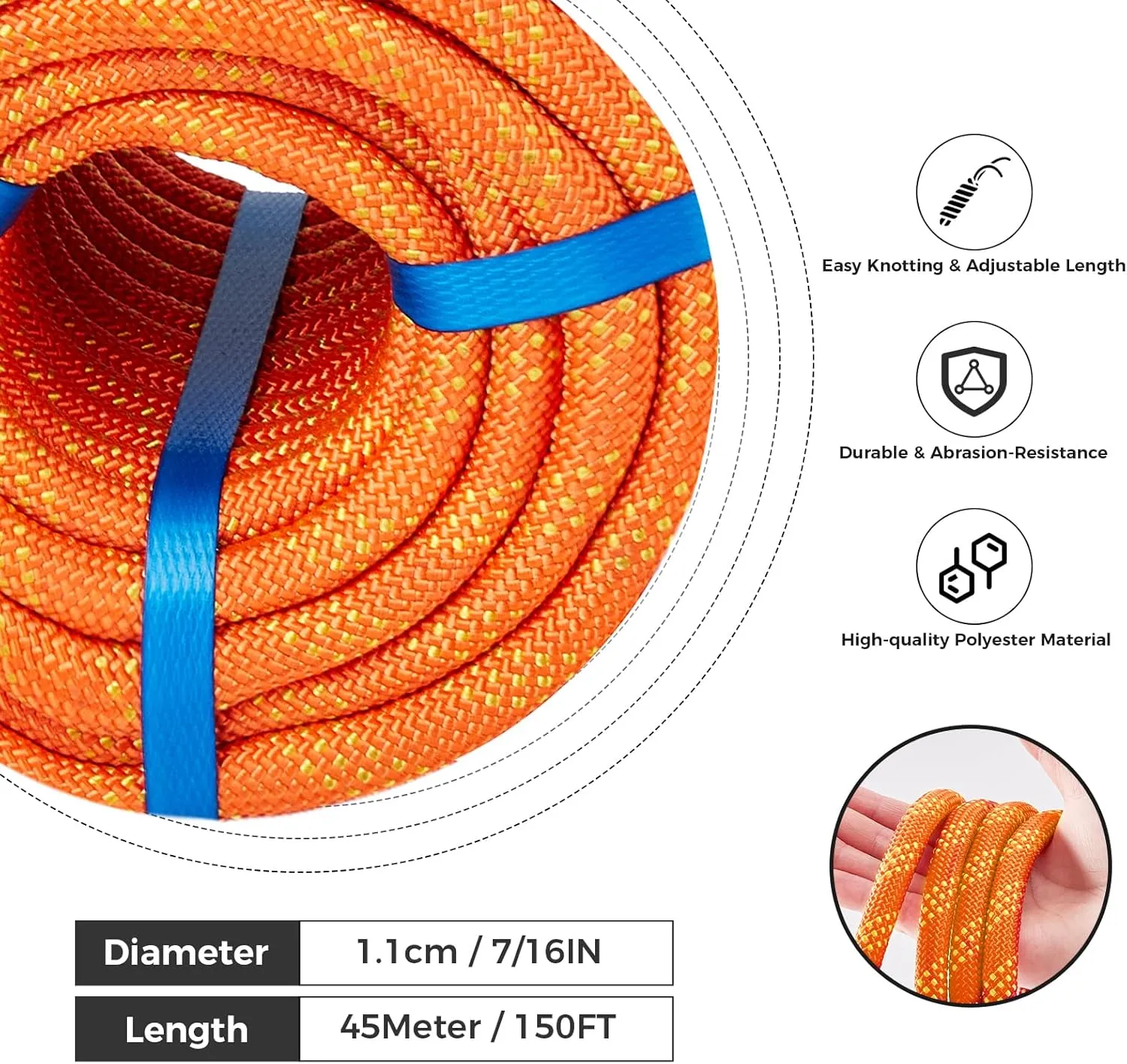 7/16 Inch 150ft Double Braided Polyester Arborist Rope, Heavy Duty Nylon Rope for Anchor, Tree Work, Cargo, Pulling, Sailing(Orange)