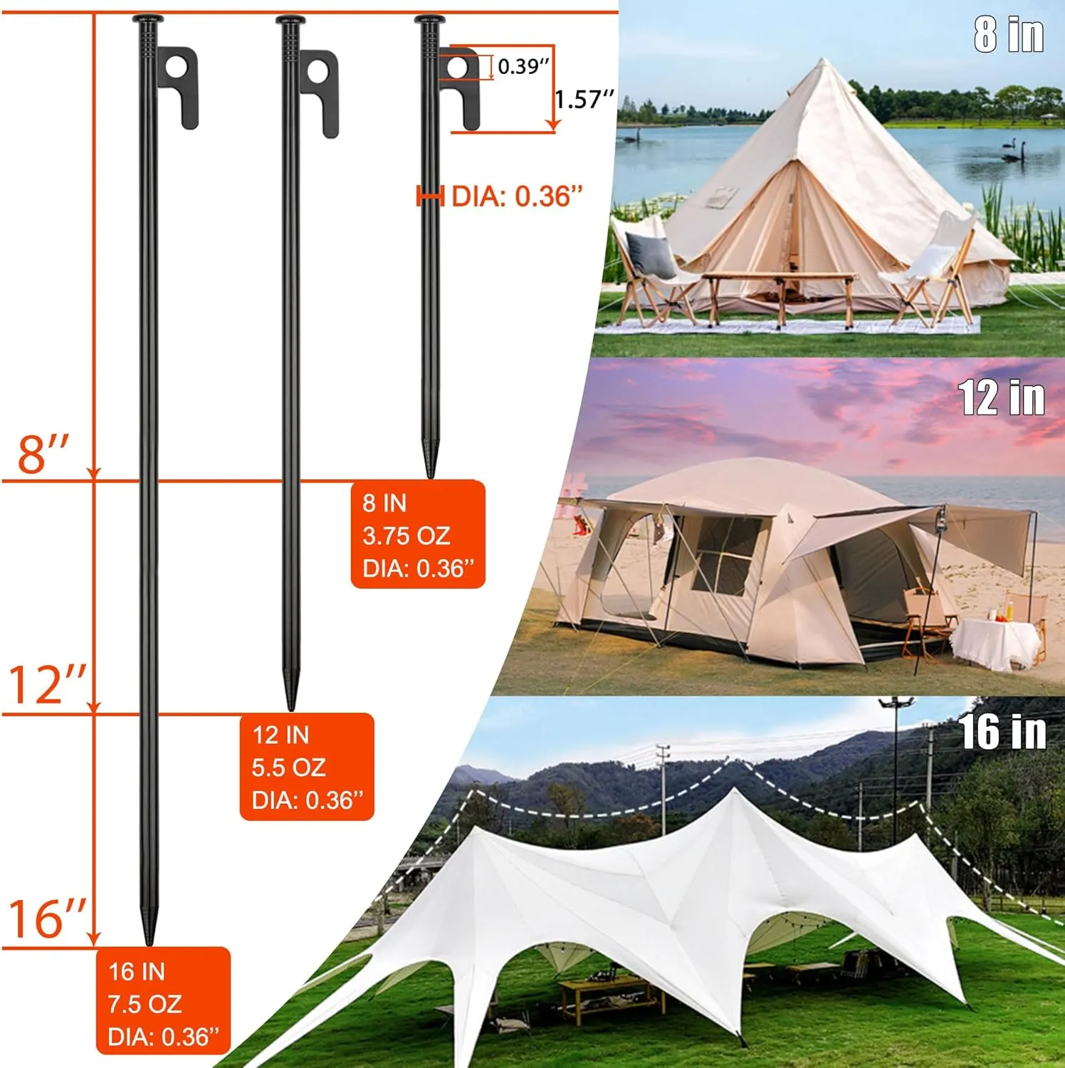 8 Pack Tent Stakes Heavy Duty Metal Tent Pegs for Camping Steel Tent Stakes 8 inch Unbreakable and Inflexible-0.36 Dia