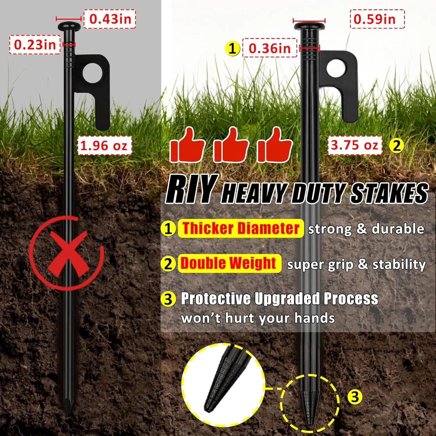 8 Pack Tent Stakes Heavy Duty Metal Tent Pegs for Camping Steel Tent Stakes 8 inch Unbreakable and Inflexible-0.36 Dia