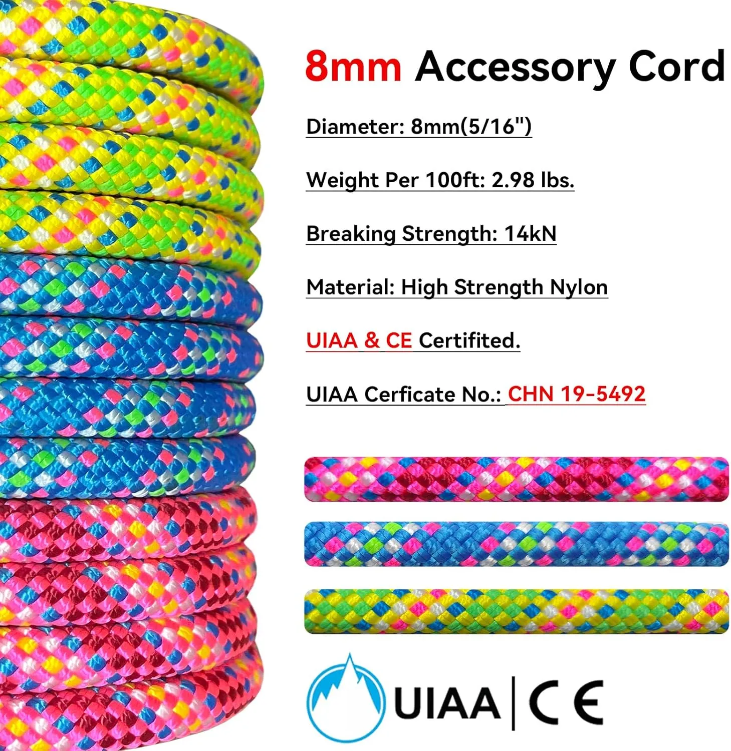 8mm Accessory Cord 15M (50ft) UIAA Rock Climbing Rope 14Kn High Tensile Strength Rock Climbing Accessories Cord Double Braid Nylon Cord for Mountain Tree Climbing, Canyoneering,Fire Rescue