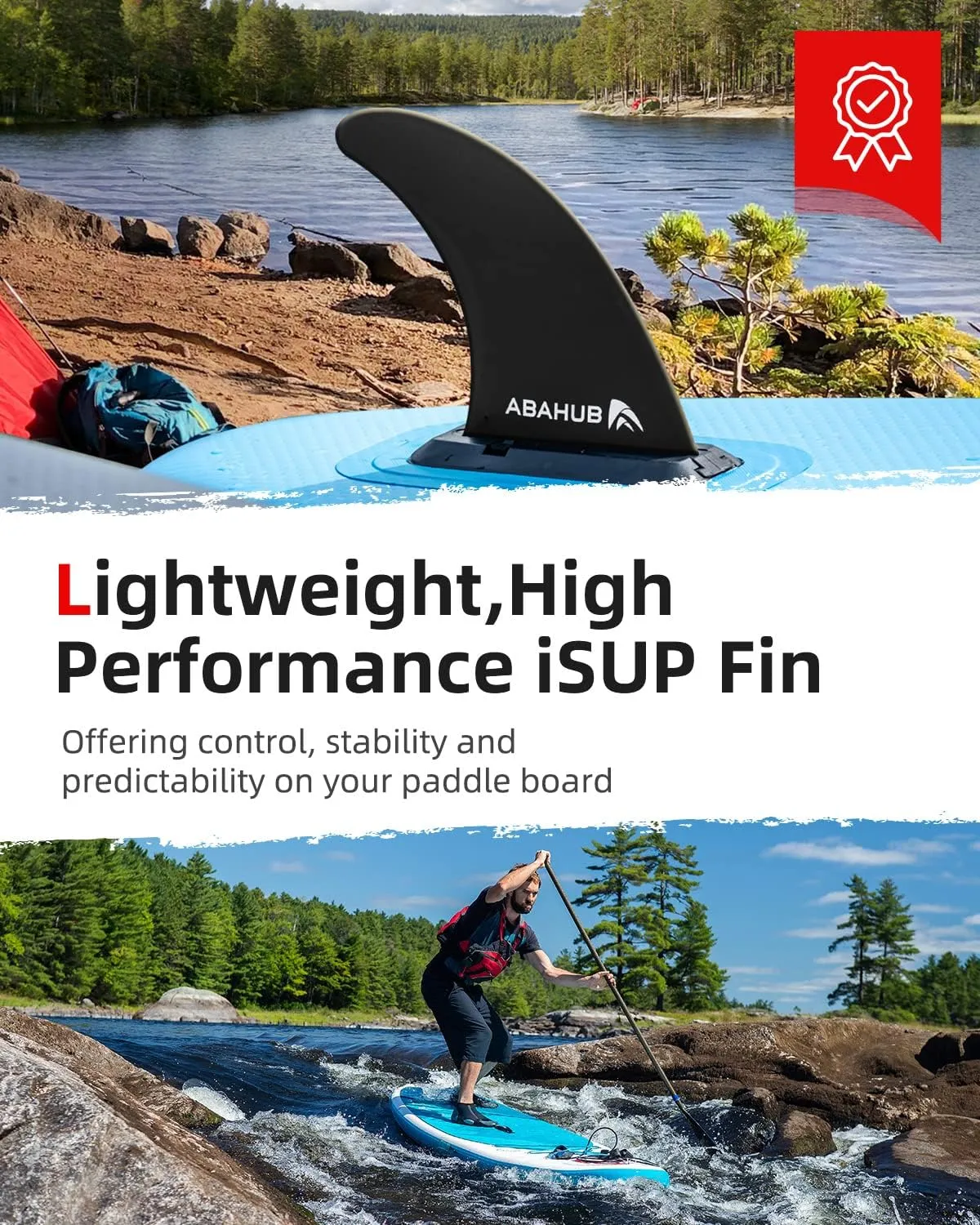 Abahub 9/10'' SUP Single Center Fin with 1 No-Tool Fin Screw, Fiberglass Reinforeced 9/10 inch SUP Replacement Fins for Surfing, Surfboard, Stand-up Paddle Board, Longboard, Black/Blue/White