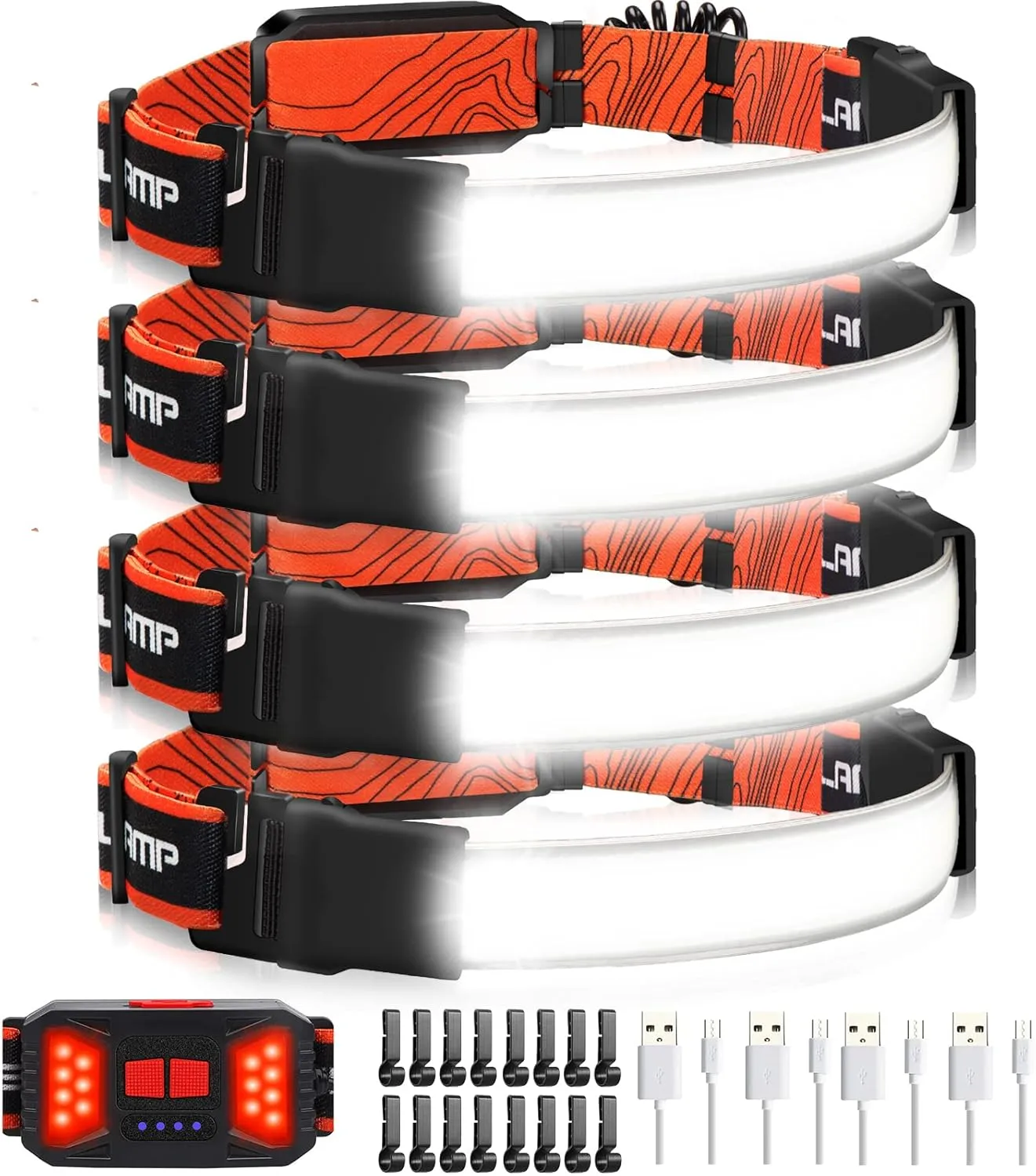 Adelante LED Headlamp Flashlight, 4Pack 1000LM 230Wide-Beam Rechargeable Head Lamp for Adults, Red Taillight & 16 Clips Waterproof Hard Hat Light Headlamps for Running Hiking and Camping