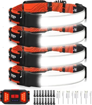 Adelante LED Headlamp Flashlight, 4Pack 1000LM 230Wide-Beam Rechargeable Head Lamp for Adults, Red Taillight & 16 Clips Waterproof Hard Hat Light Headlamps for Running Hiking and Camping