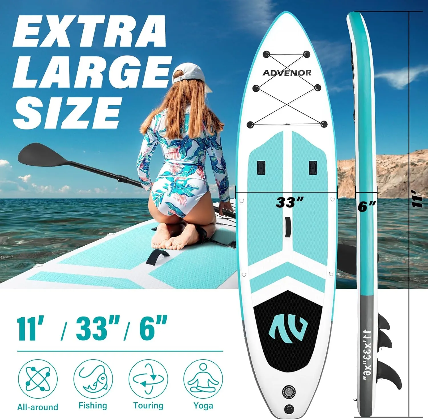 ADVENOR Paddle Board 11'x33 x6 Extra Wide Inflatable Stand Up Paddle Board with Hand Pump,Leash, Adjustable Paddle For Basic Version, Extra Kayak Paddle Kayak Seat 2 Fishing Mounts For Fishing Version