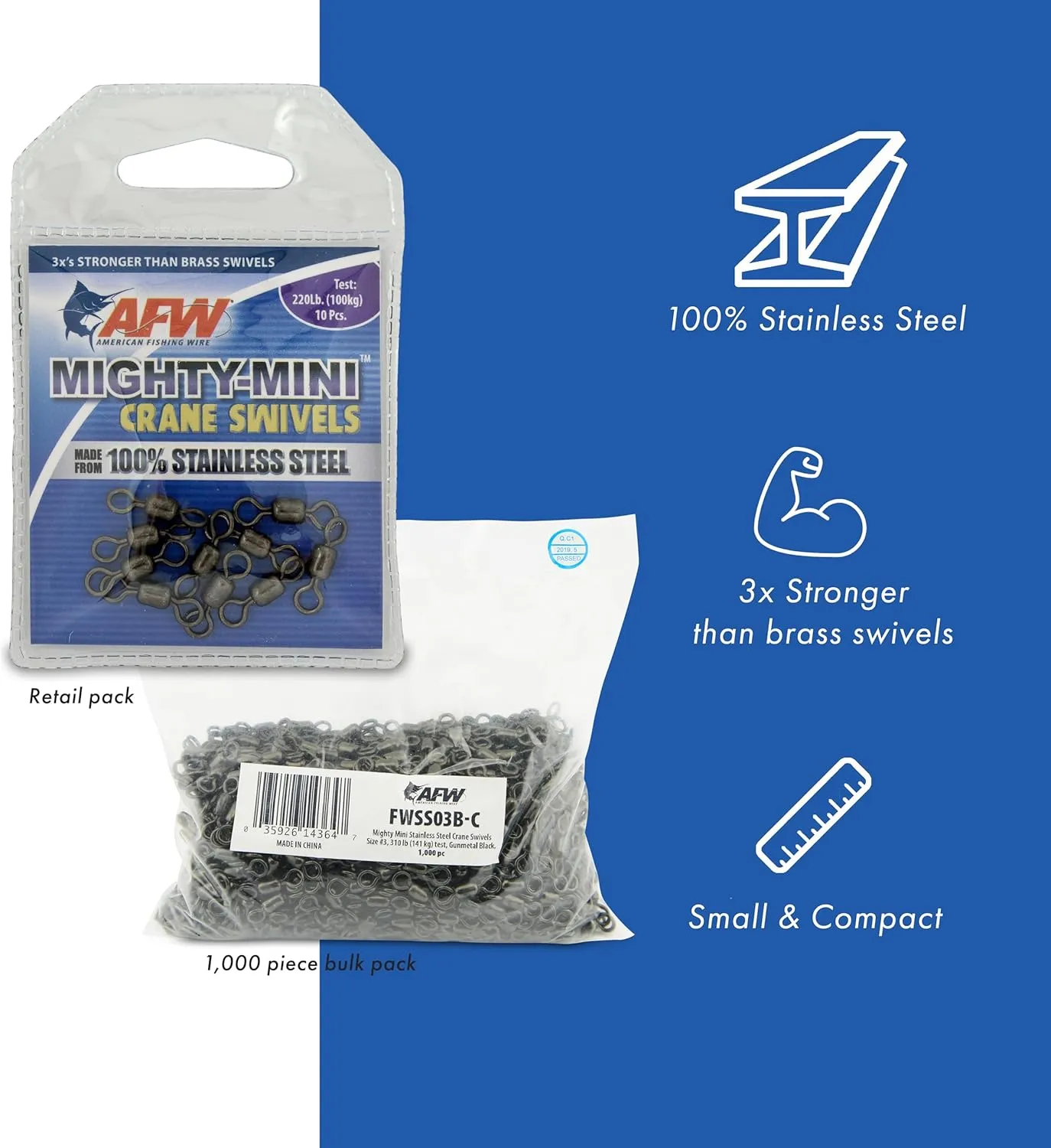 American Fishing Wire Mighty Mini Crane Swivels - Fishing Line Essential, Compact Fishing Tackle, Saltwater Swivels, Stainless Steel Swivel, Holding Power up to 511lb, Gunmetal Black