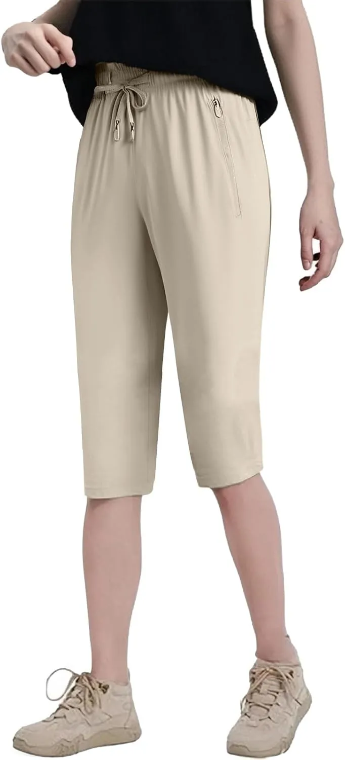 Beeswan Pants for Women Stretchy Active Capri Pants Drawstring Lightweight Quick Drying Hiking Pant with Zip Pockets