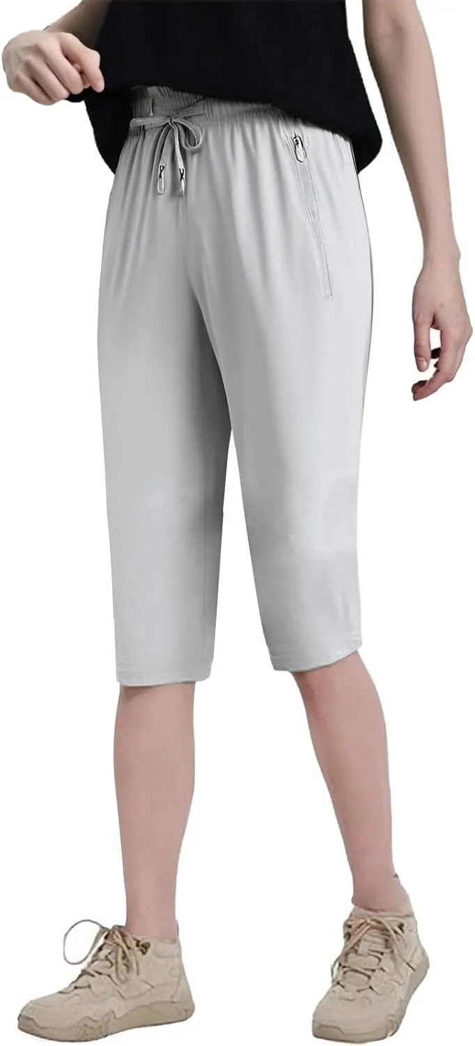 Beeswan Pants for Women Stretchy Active Capri Pants Drawstring Lightweight Quick Drying Hiking Pant with Zip Pockets
