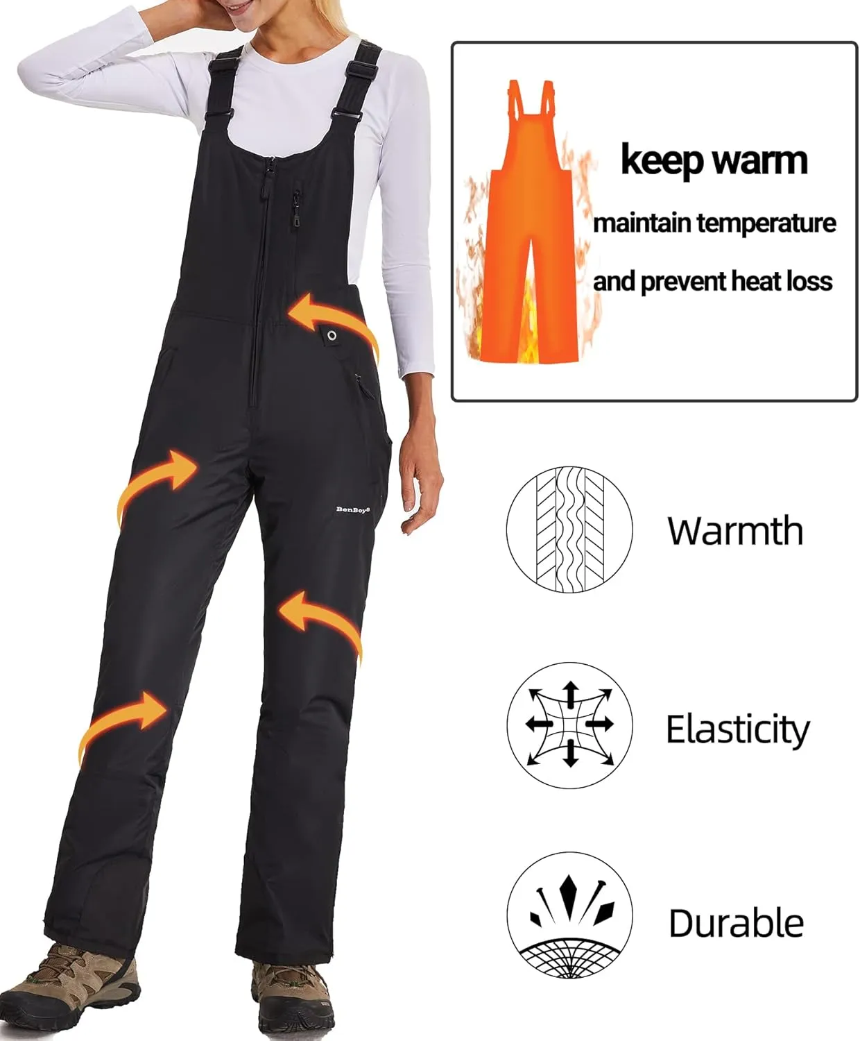 BenBoy Women's Snow Bibs Ski Waterproof Windproof Insulated Overalls Ripstop Snowboard Pants Winter