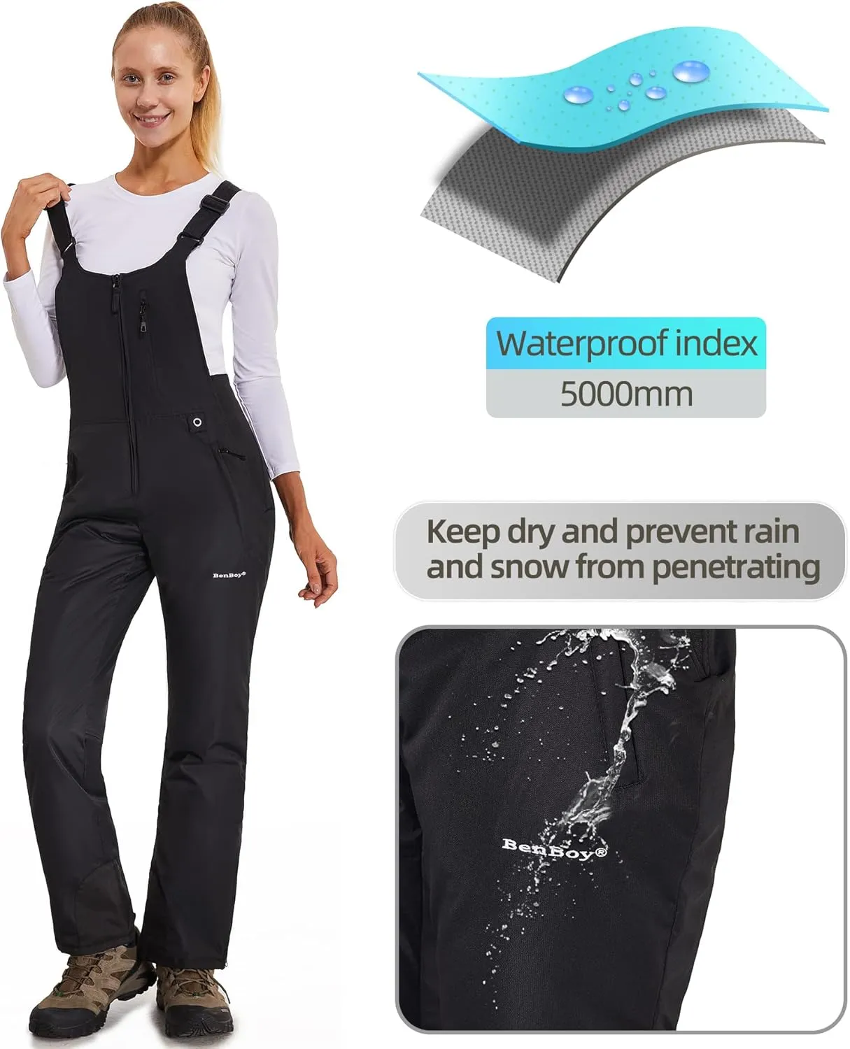 BenBoy Women's Snow Bibs Ski Waterproof Windproof Insulated Overalls Ripstop Snowboard Pants Winter