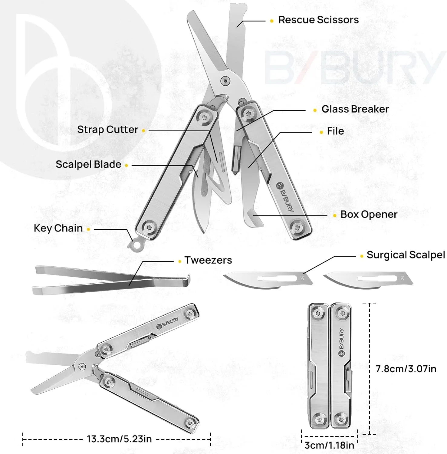 BIBURY Mini Multitool BI2052A, 8 in 1 Keychain EDC Scissors with Window Breaker, Seat Belt Cutter, Bottle Opener for Outdoor Survival, Mini Multi Tool with Pocket Clip, Gifts for Men and Women