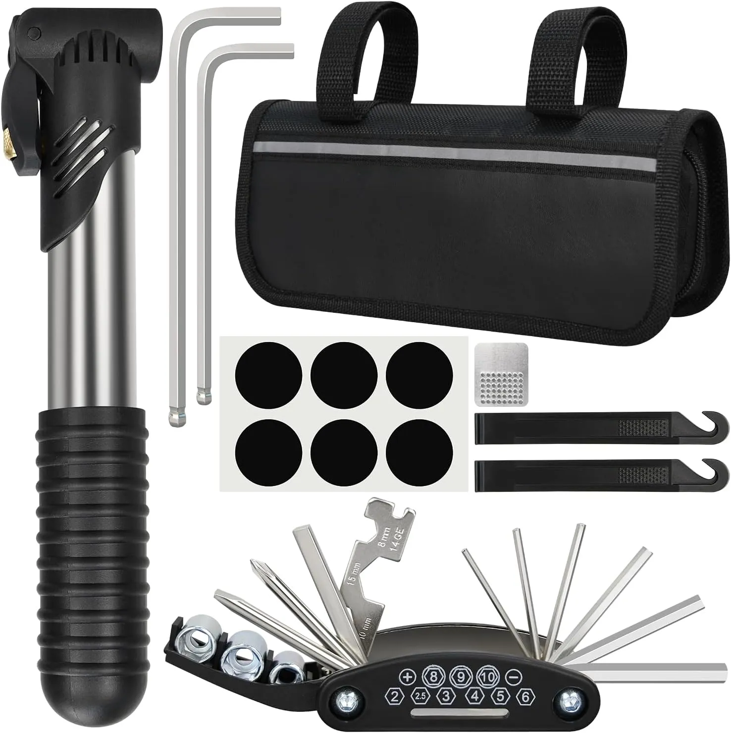 Bike Repair Kit, Bicycle Repair Bag with Tire Pump, Bike Tool Kit for Camping Travel, 16-in-1 Bike Multitool, Bicycle Tire Repair Kit, 4mm and 5mm Allen Wrenches, Used for Mountain Bike and Road Bike