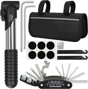 Bike Repair Kit, Bicycle Repair Bag with Tire Pump, Bike Tool Kit for Camping Travel, 16-in-1 Bike Multitool, Bicycle Tire Repair Kit, 4mm and 5mm Allen Wrenches, Used for Mountain Bike and Road Bike