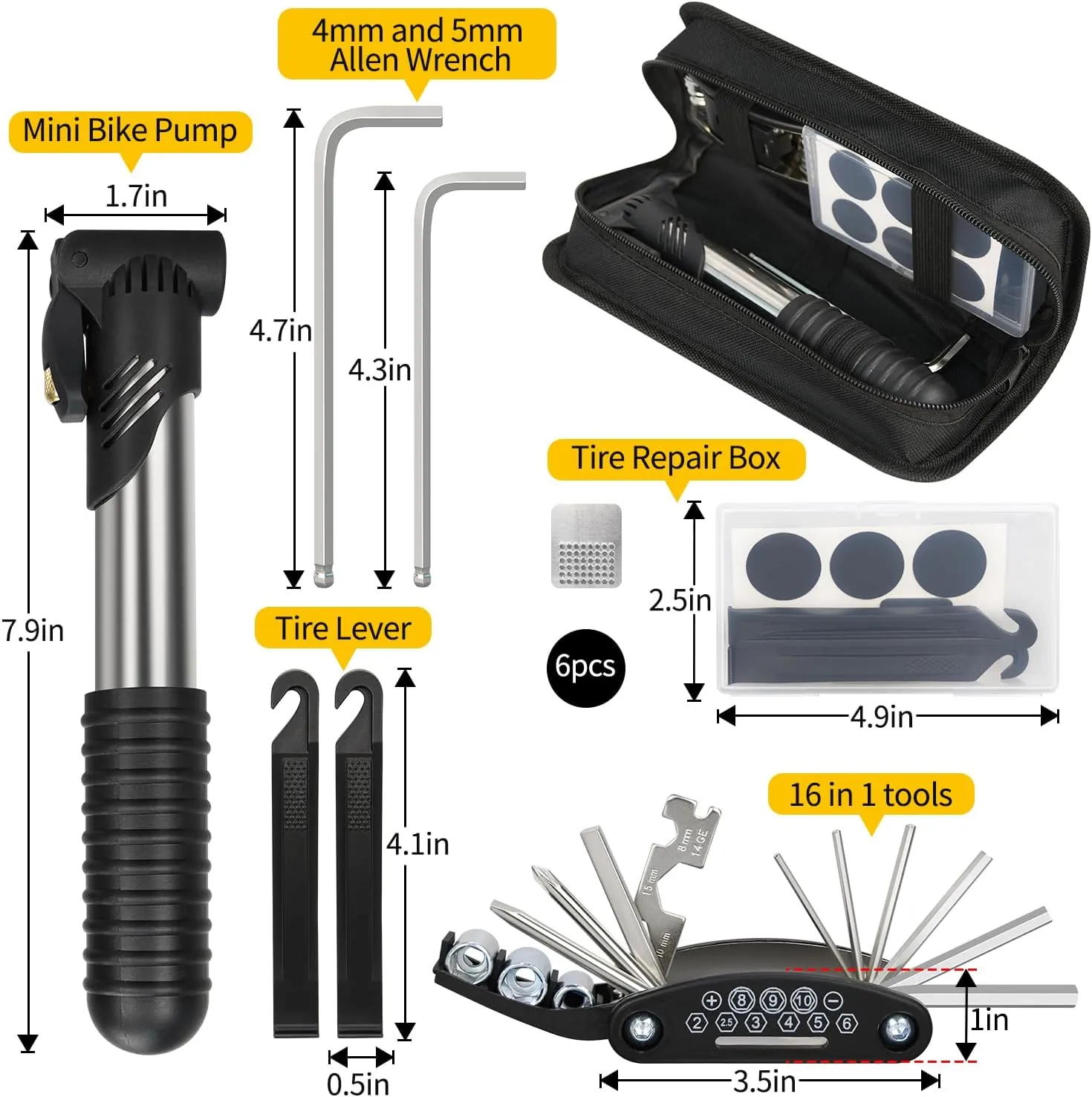 Bike Repair Kit, Bicycle Repair Bag with Tire Pump, Bike Tool Kit for Camping Travel, 16-in-1 Bike Multitool, Bicycle Tire Repair Kit, 4mm and 5mm Allen Wrenches, Used for Mountain Bike and Road Bike
