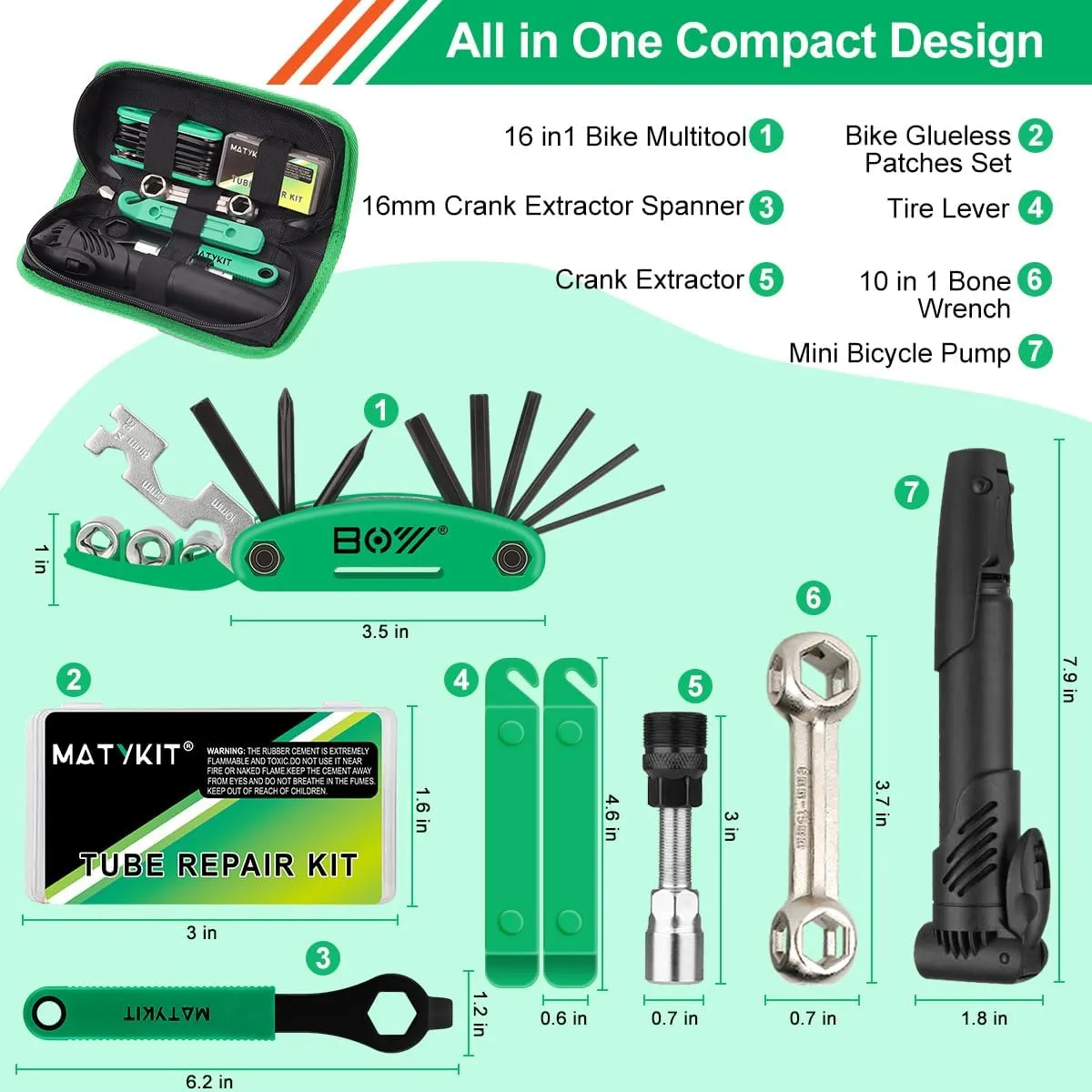Bike Tool Kit With Tools Bag   Bicycle Pump   Bike Multitool   Crank Extractor and Wrench   Bone Wrench   Tire Lever   Glueless Patches Set