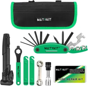 Bike Tool Kit With Tools Bag   Bicycle Pump   Bike Multitool   Crank Extractor and Wrench   Bone Wrench   Tire Lever   Glueless Patches Set