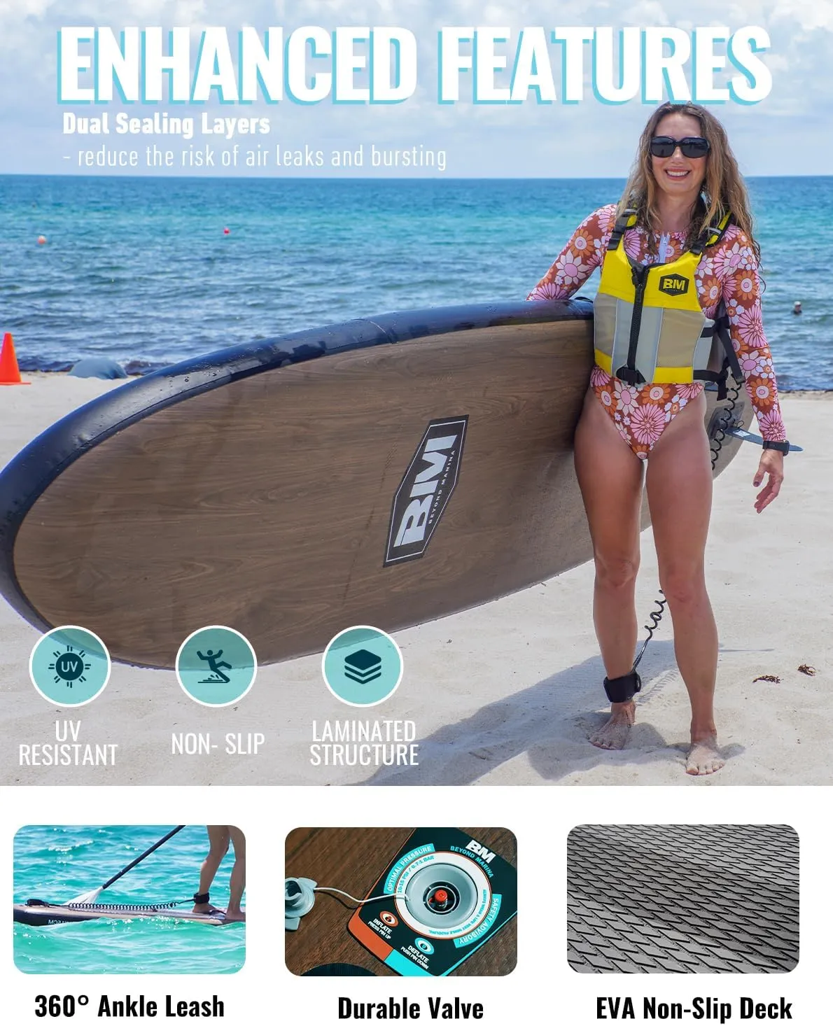 BM Paddle Board Inflatable Stand Up Paddle Board, SUP Paddleboard for Adult, Premium Accessories | Non-Slip EVA Deck & Foam Handles, Camera Mount, Double Action Pump, 85L Travel Backpack