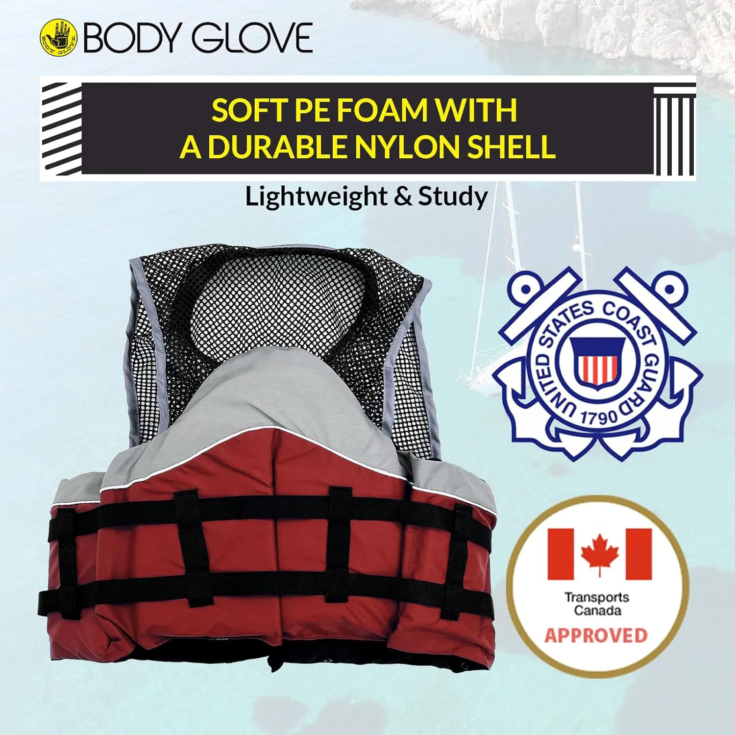 Body Glove Cove Fishing Vest - Unisex Nylon Fishing Life Jacket with 2 Pockets - USCG and Transport Canada Approved Adult Life Vest for Boating, Fishing, Kayaking, Rafting