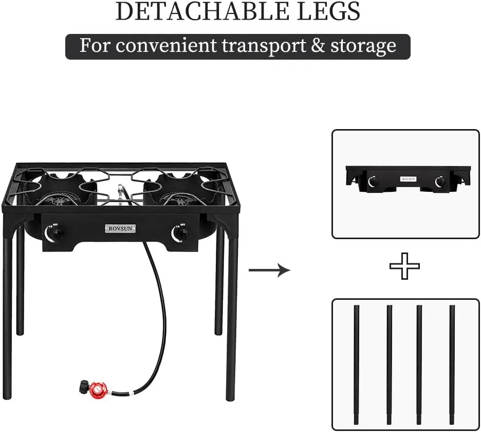 Bonnlo 2 Burner Outdoor Portable Propane Stove Gas Cooker, Heavy Duty Iron Cast Patio Burner with Detachable Stand Legs for Camp Cooking (2-Burner 150,000-BTU)