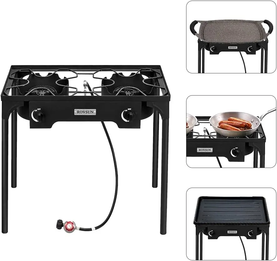 Bonnlo 2 Burner Outdoor Portable Propane Stove Gas Cooker, Heavy Duty Iron Cast Patio Burner with Detachable Stand Legs for Camp Cooking (2-Burner 150,000-BTU)