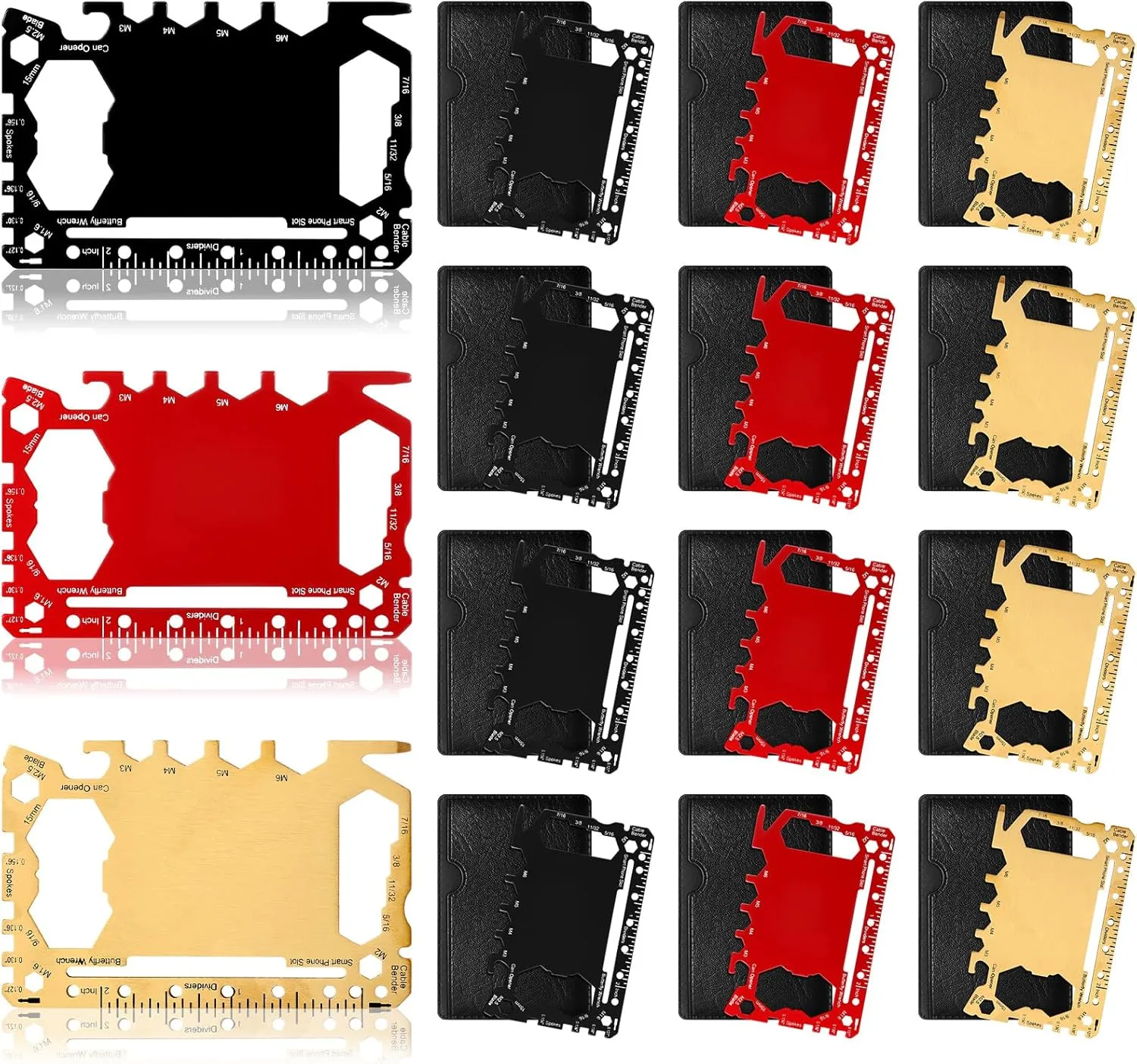 Cholemy 12 Pcs Credit Card Wallet Multitool 46 in 1 Metal Stainless Steel Survival Pocket Tool Bottle Opener MultiPurpose for Husband Boyfriend Adults Men (Black,Red,Gold)