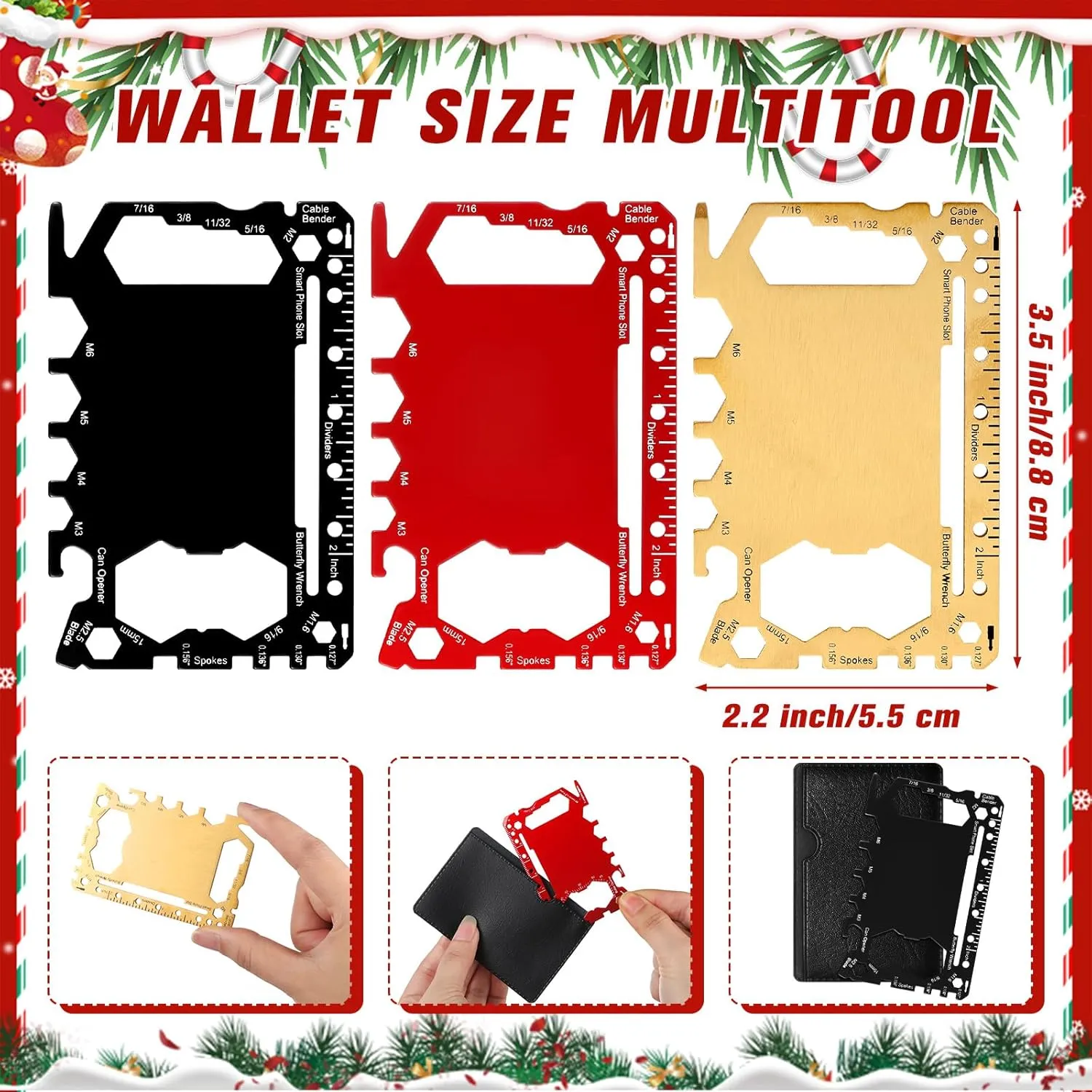 Cholemy 12 Pcs Credit Card Wallet Multitool 46 in 1 Metal Stainless Steel Survival Pocket Tool Bottle Opener MultiPurpose for Husband Boyfriend Adults Men (Black,Red,Gold)
