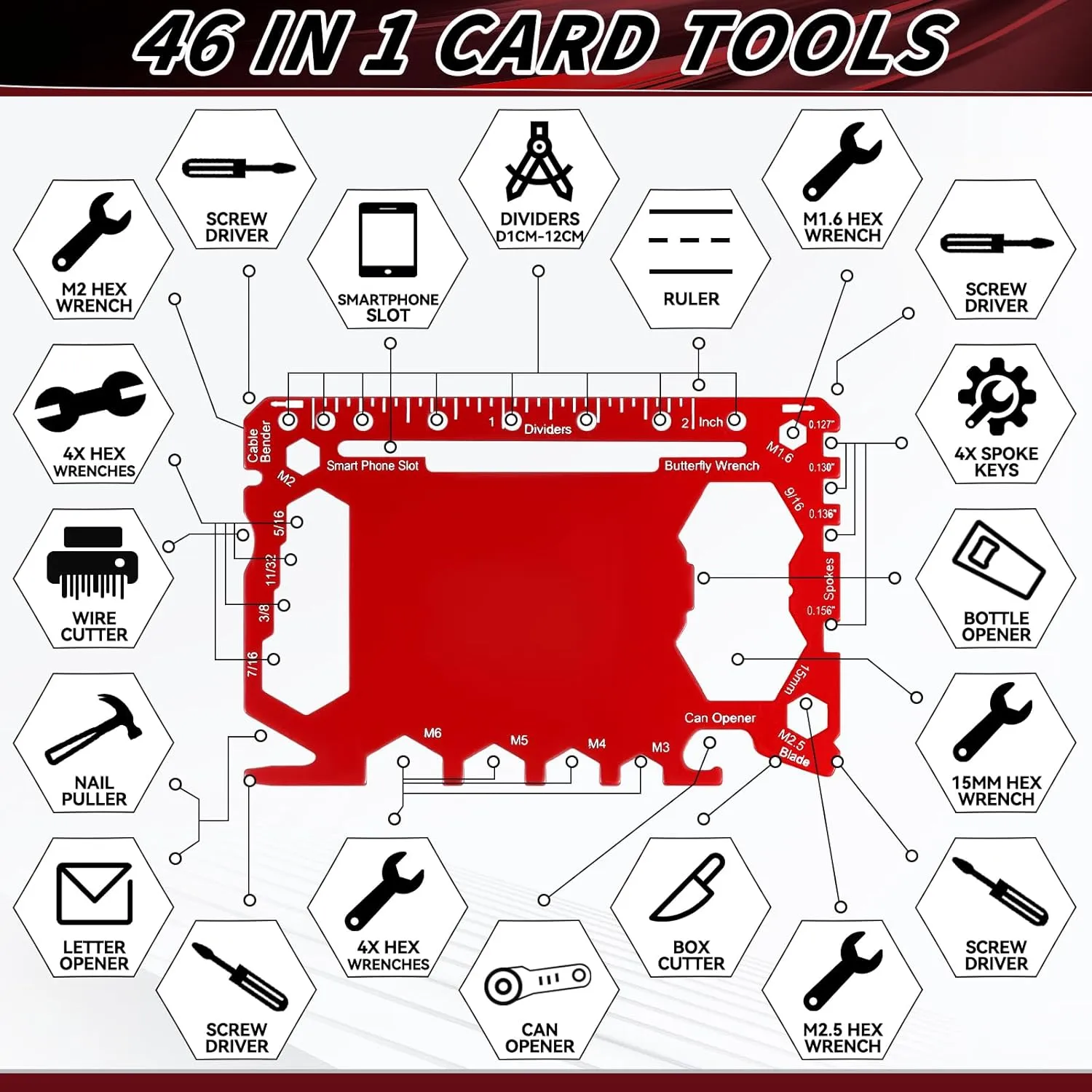 Cholemy 12 Pcs Credit Card Wallet Multitool 46 in 1 Metal Stainless Steel Survival Pocket Tool Bottle Opener MultiPurpose for Husband Boyfriend Adults Men (Black,Red,Gold)