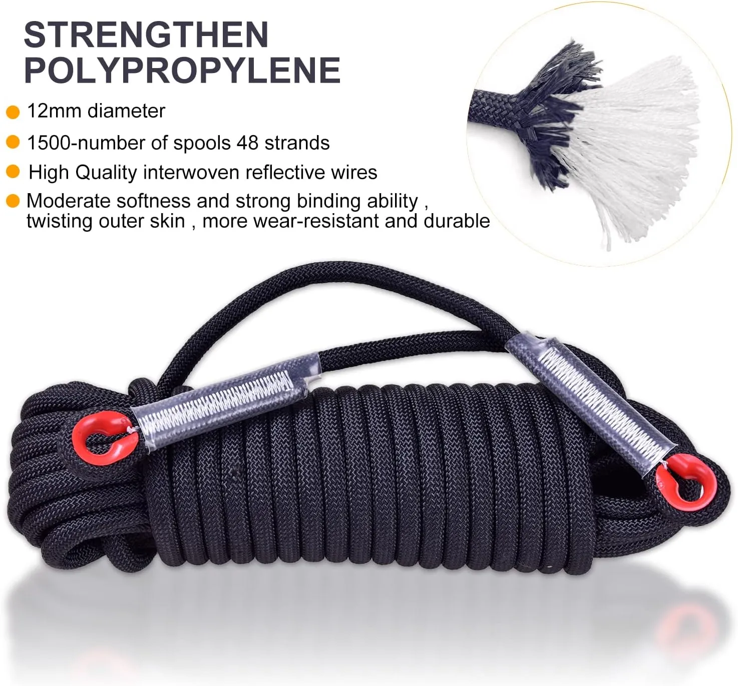 Climbing Rope, 12 mm Static Climbing Rope, 32FT(10M) 65FT(20M) 100FT(30M) 164FT(50M) Outdoor Rock Climbing Rope, Escape Rope, Rappelling Rope, Fire Rescue Parachute Rope