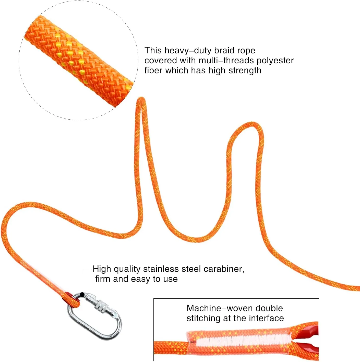 Climbing Rope 12mm 98Ft (30m) Static Climbing Rope Outdoor Rock Climbing Rope Braided Polyester Static Rock Climbing Rope High Strength Outdoor Rope for Rappelling Rescue Rope Orange