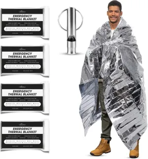 CloudTen Premium Quality Emergency Blanket Bundle | 4 Tear Resistant Blankets Plus Emergency Whistle | Reusable Emergency Mylar Blankets for Survival Gear and Supplies or Camping Essentials