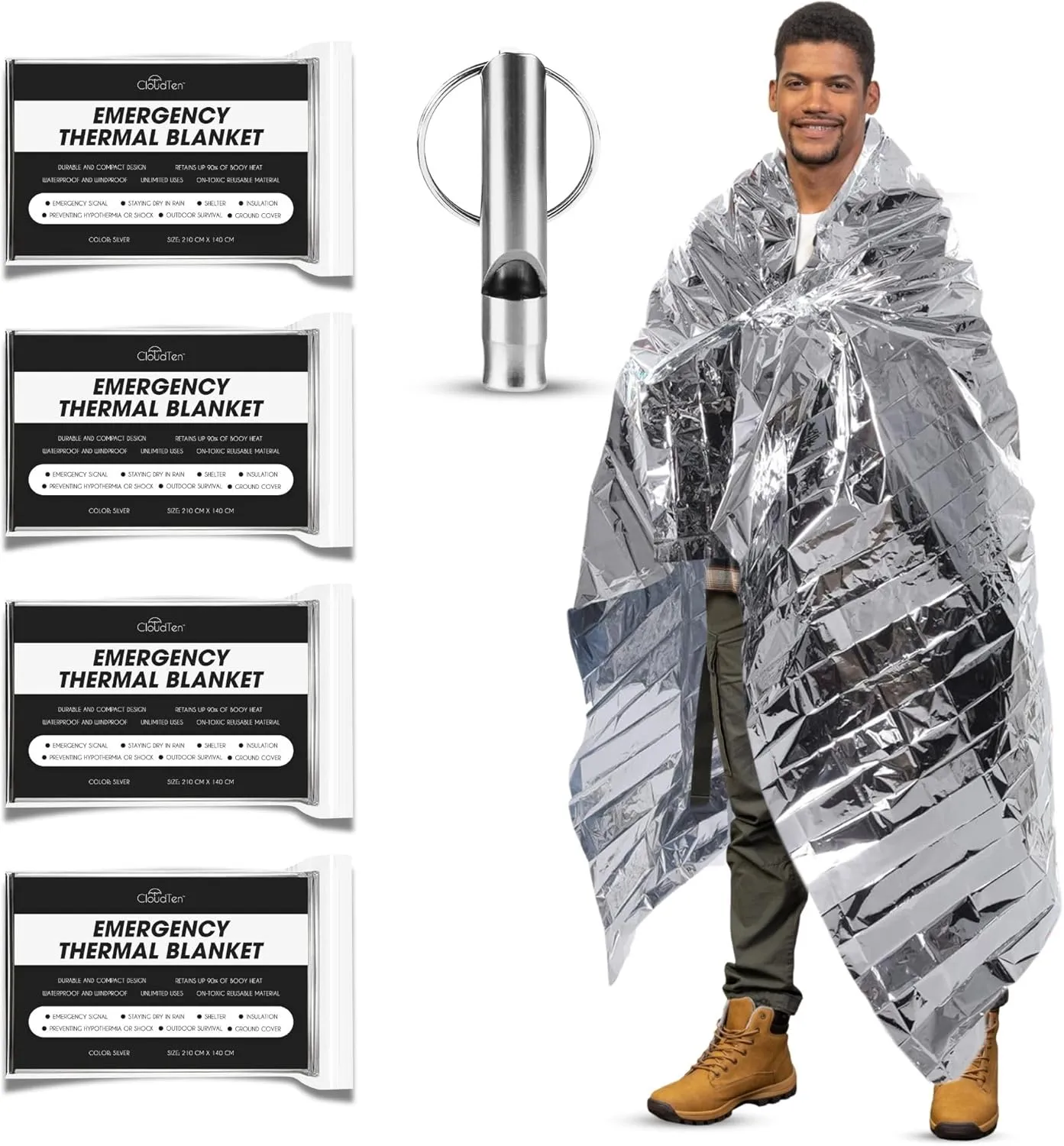 CloudTen Premium Quality Emergency Blanket Bundle | 4 Tear Resistant Blankets Plus Emergency Whistle | Reusable Emergency Mylar Blankets for Survival Gear and Supplies or Camping Essentials
