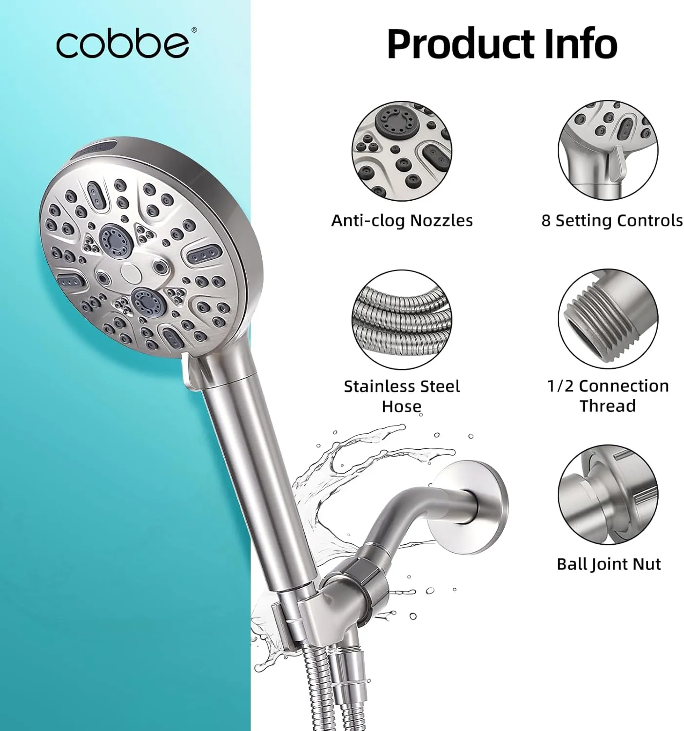 Cobbe Handheld Shower Head with Filter, High Pressure 9 Spray Mode Showerhead Built-in Power Wash with Hose, Bracket and Water Softener for Hard Water Remove Chlorine, Brushed Nickel