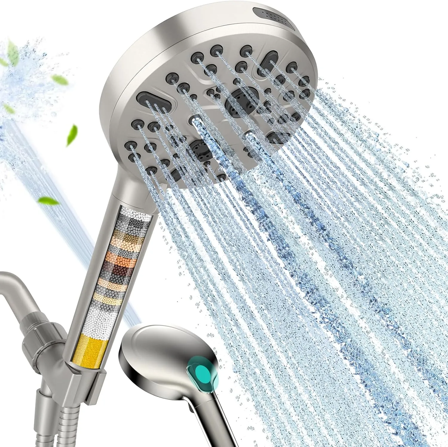 Cobbe Handheld Shower Head with Filter, High Pressure 9 Spray Mode Showerhead Built-in Power Wash with Hose, Bracket and Water Softener for Hard Water Remove Chlorine, Brushed Nickel