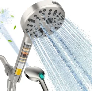 Cobbe Handheld Shower Head with Filter, High Pressure 9 Spray Mode Showerhead Built-in Power Wash with Hose, Bracket and Water Softener for Hard Water Remove Chlorine, Brushed Nickel