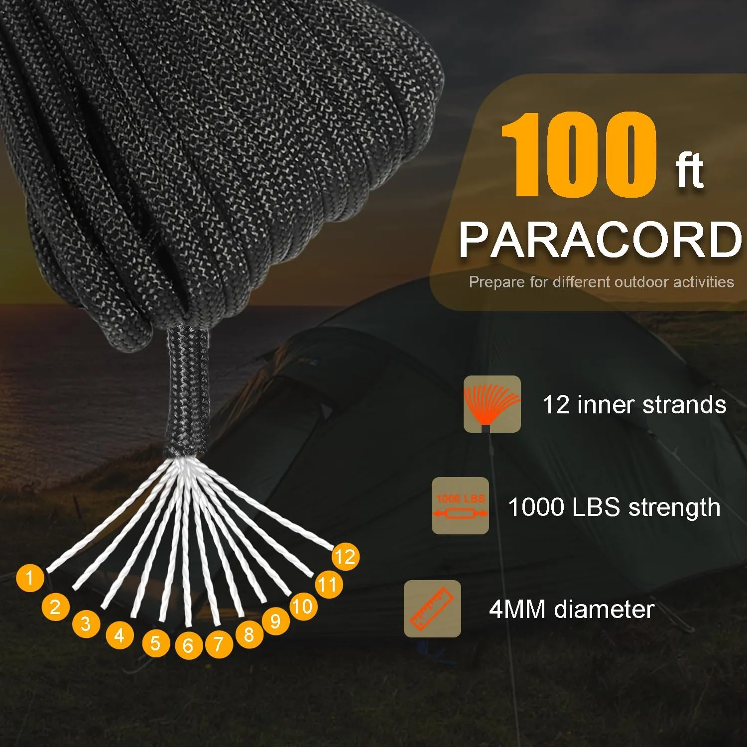 CooBigo Outdoor Paracord Rope 1000lb 12 Strand Stronger Than 550 Parachute Cord,100ft Black Camping Rope for DIY Weave Bracelet/Lanyards,Tent Camping,Hiking,Survival,or Others Outdoor Gear